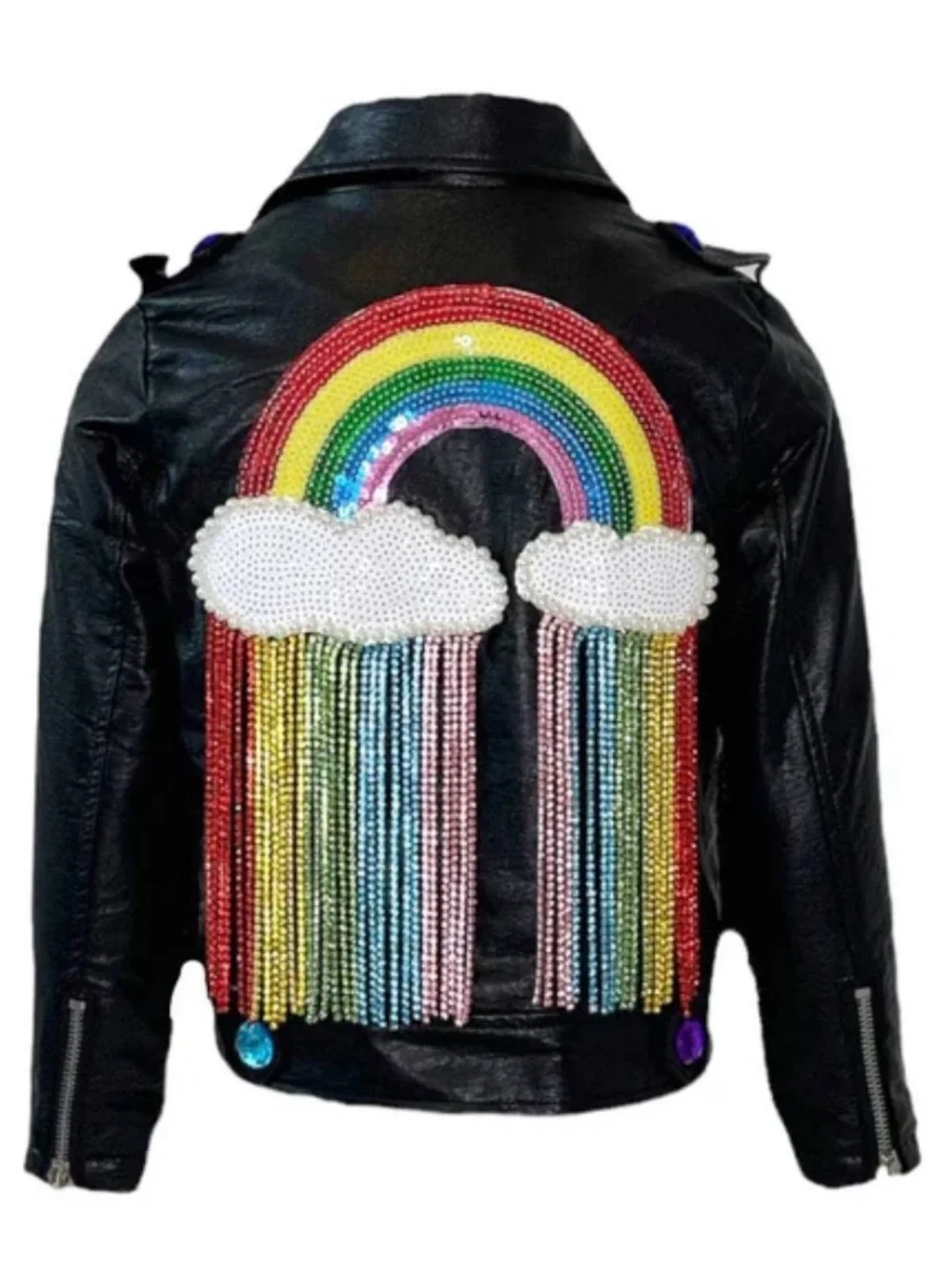 Lola + The Boys Black Faux Leather Moto Jacket with Colorful Gem Accents